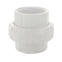 Angled view of a Schedule 40 PVC FIPT union with Buna-N O-ring showing the threaded female ports and union assembly.