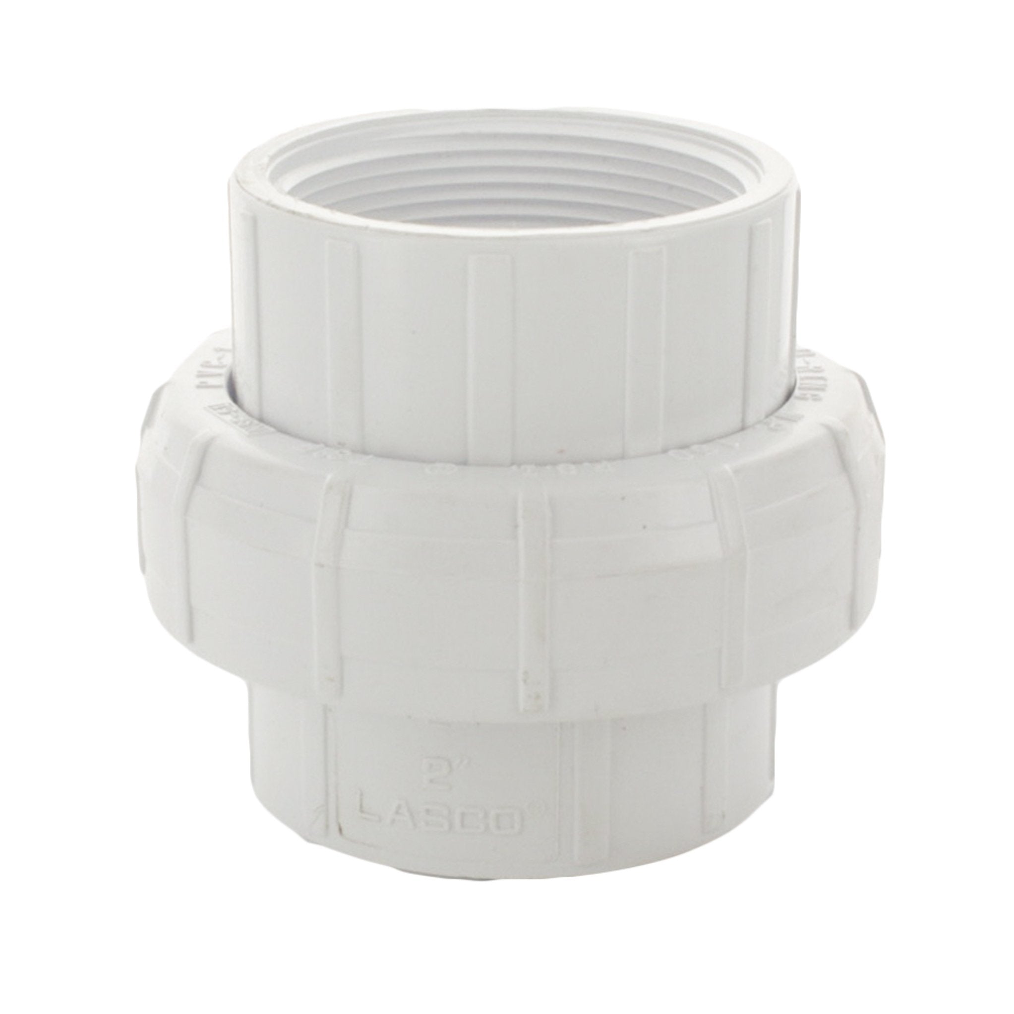 Angled view of a Schedule 40 PVC FIPT union with Buna-N O-ring showing the threaded female ports and union assembly.
