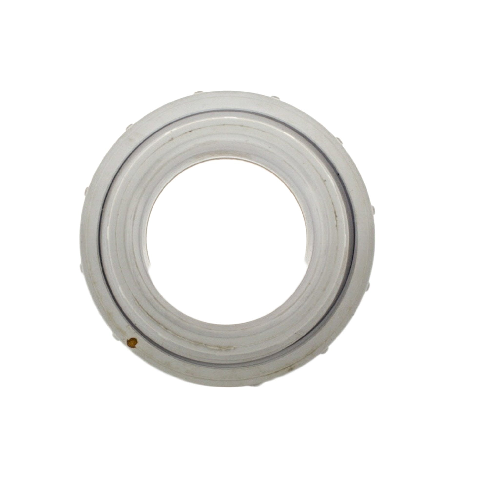 Front view photograph of a Schedule 40 PVC FIPT x FIPT union with Buna-N O-ring, showing threaded female ends and union coupling.