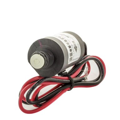 Side and angle view of Hunter 458200 DC-latching solenoid highlighting coil housing, wire lead exit and compact form factor for valve fit.