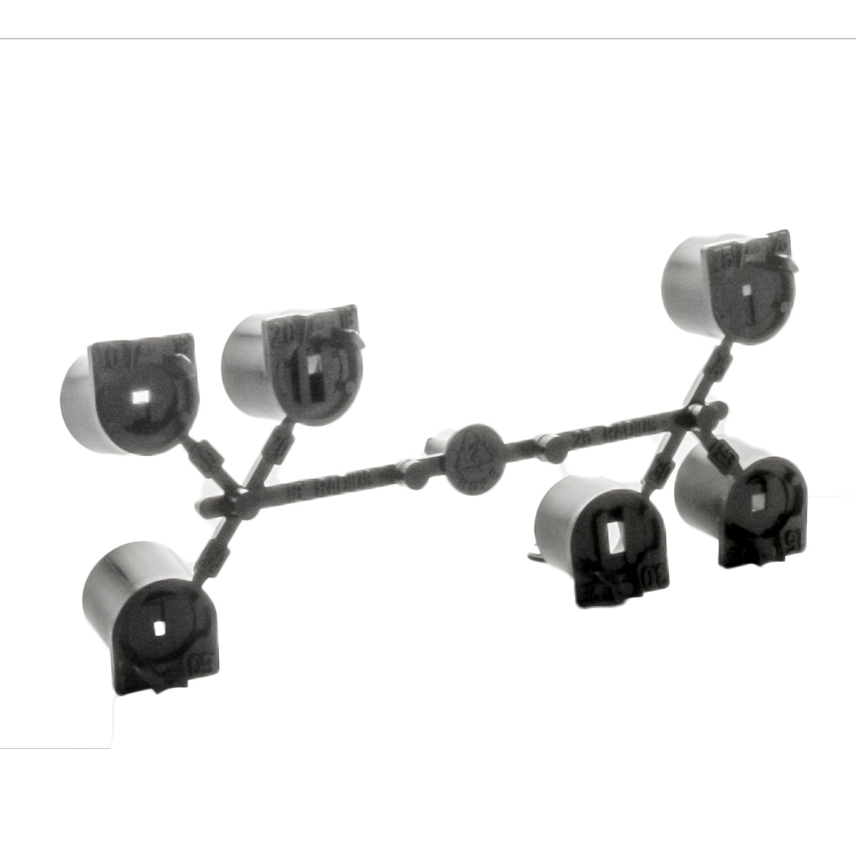 Close-up detail of Hunter 466100 black nozzle rack showing nozzle ports, mounting hardware, and textured rack surface for installers.