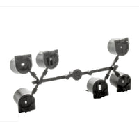 Close-up detail of Hunter 466100 black nozzle rack showing nozzle ports, mounting hardware, and textured rack surface for installers.