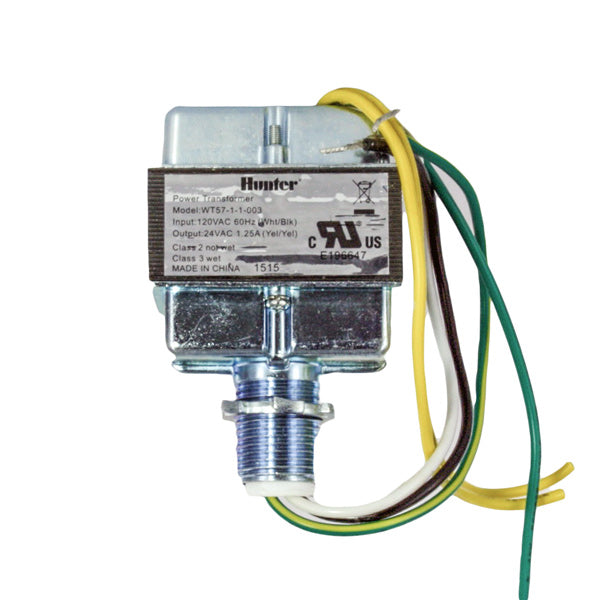 Front view of Hunter 468000 internal transformer with housing and mounting bracket for Pro-C/X-Core outdoor controllers.