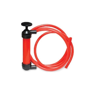 King 48050 Siphon King Jr. mini hand pump shown with two 50-inch hoses, dipstick tube and air pressure hose on a white background, kit components visible