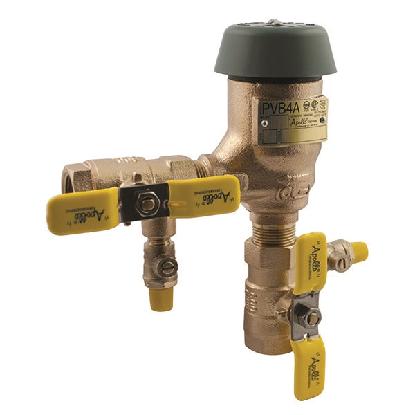 Conbraco 4A-505-02(F) 1-inch bronze pressure vacuum breaker showing ball valves, test cocks and freeze relief valve.