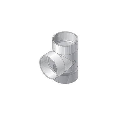 Angled view of NDS 4P01 4-inch PVC S&amp;D tee highlighting the molded hub ends, part marking, and durable white PVC construction for underground drainage.