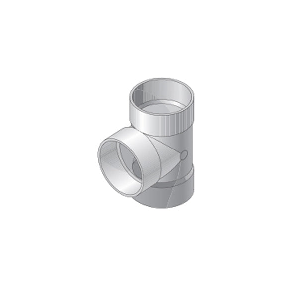 Angled view of NDS 4P01 4-inch PVC S&amp;D tee highlighting the molded hub ends, part marking, and durable white PVC construction for underground drainage.