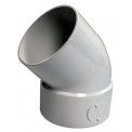 Front perspective of NDS 4" PVC 45° elbow showing hub-to-hub solvent-weld ends and smooth white PVC body for sewer and drainage installations, SKU 4P03.
