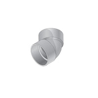 Side and end view of NDS 4" PVC 45° elbow highlighting the 45-degree bend, hub interior detail, and white PVC construction suitable for underground S&D systems, SKU 4P03.