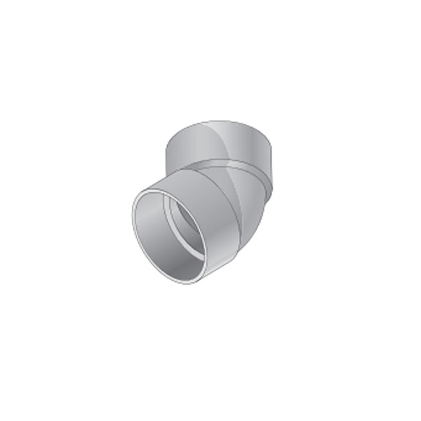 Side and end view of NDS 4" PVC 45° elbow highlighting the 45-degree bend, hub interior detail, and white PVC construction suitable for underground S&D systems, SKU 4P03.
