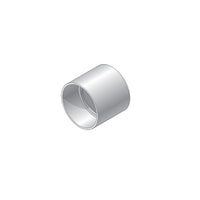 Angled view of NDS 4 in. PVC S&D coupling in white, showing hub openings and solvent-weld profile for joining 4 in. drainage pipe.