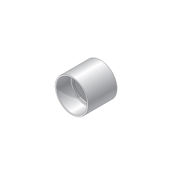 Angled view of NDS 4 in. PVC S&D coupling in white, showing hub openings and solvent-weld profile for joining 4 in. drainage pipe.