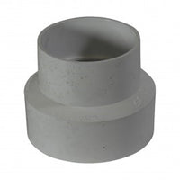 Front view of NDS 4P07 white PVC 3x4 hub-to-hub reducer coupling showing smooth solvent-weld hub ends and clean finish for pipe joining installations.