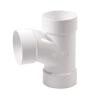 White NDS 4P09 4-inch PVC sanitary sweep tee showing Hub x Hub x Hub solvent-weld hubs and overall exterior profile for sewer and drain systems.