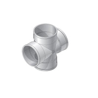 White NDS 4P1X 4-inch PVC S&D cross fitting showing four hub connection points for 4" sewer and drain pipe.