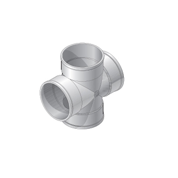 White NDS 4P1X 4-inch PVC S&D cross fitting showing four hub connection points for 4" sewer and drain pipe.