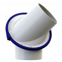NDS Swivel-Fit 4-inch variable-angle PVC drain fitting set at a mid-angle with locking collar visible, Hub x Hub connection.
