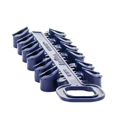 Front view of Rain Bird 5000RCTREE nozzle tree with labeled Rain Curtain sizes and low-angle nozzles arranged on the plastic tree display.