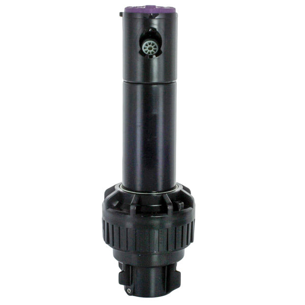 Rain Bird 5000S Plus PC SAM non-potable rotor, side view of pop-up riser and purple non-potable cover, showing nozzle and body details.