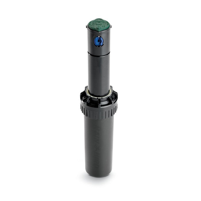 Top view of Rain Bird 5000+ Series pop-up rotor showing green PRS top, riser, and nozzle assembly for contractor installations (detailed product close-up).