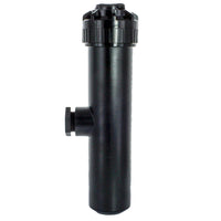 Rain Bird 5006PC 6 in pop-up rotor, front view showing black plastic body, pop-up head and nozzle aperture on white background.