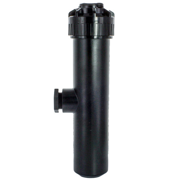 Rain Bird 5006PC 6 in pop-up rotor, front view showing black plastic body, pop-up head and nozzle aperture on white background.