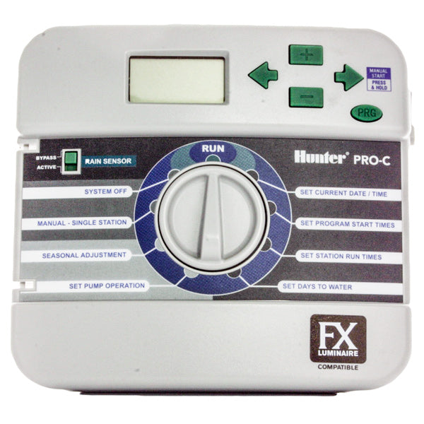 Front view of Hunter Pro-C lighting facepack P/N 526205 showing the control panel, LCD display, and labeled buttons for L1–L3 lighting schedules.