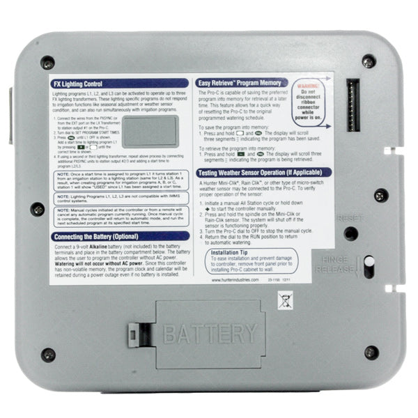 Angled close-up of Hunter Pro-C face lighting plate (526205), highlighting the program labels, control buttons, and connector area for lighting transformers.