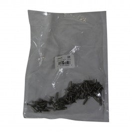 Bag of 64 NDS stainless steel #4 x 5/8 Phillips flat head screws for Mini Channel drains; closeup of screw heads and threads.