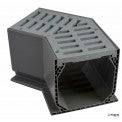 Top view of NDS Mini Channel 45° fabricated elbow showing gray PVC body and removable slotted polypropylene snap-in grate for easy maintenance.