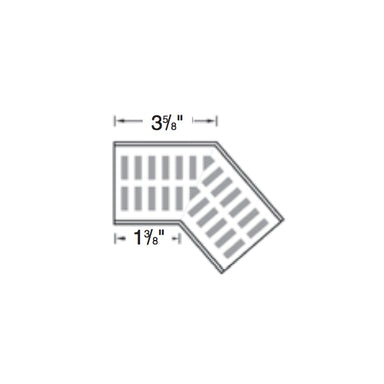 Side angle of NDS Mini Channel 45° elbow showing coupling ends, gray PVC construction and slotted polypropylene snap-in grate.
