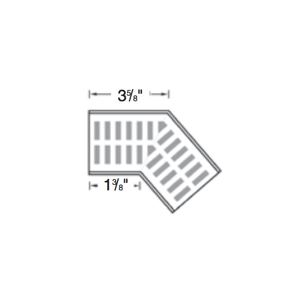 Side angle of NDS Mini Channel 45° elbow showing coupling ends, gray PVC construction and slotted polypropylene snap-in grate.
