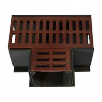 Front view of NDS 5370 fabricated tee with grey grate; shows inlet and outlet openings, grate pattern, and grey PVC-compatible body for mini channel drainage.