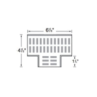 Side angle of NDS 5370 fabricated tee with grey grate; highlights channel connection points, grate slots, and compact mini-channel profile for light-duty drainage.