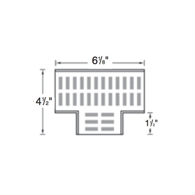 Side angle of NDS 5370 fabricated tee with grey grate; highlights channel connection points, grate slots, and compact mini-channel profile for light-duty drainage.