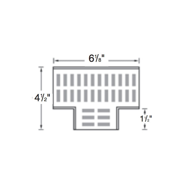 Side angle of NDS 5370 fabricated tee with grey grate; highlights channel connection points, grate slots, and compact mini-channel profile for light-duty drainage.