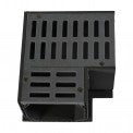 NDS Mini Channel 90° fabricated elbow in gray, showing pre-cut slotted polypropylene grate and PVC channel body for surface drainage.