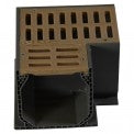 Front three-quarter view of NDS 5383 fabricated 90 degree elbow with integrated grate in sand finish, showing inlet and grate details.