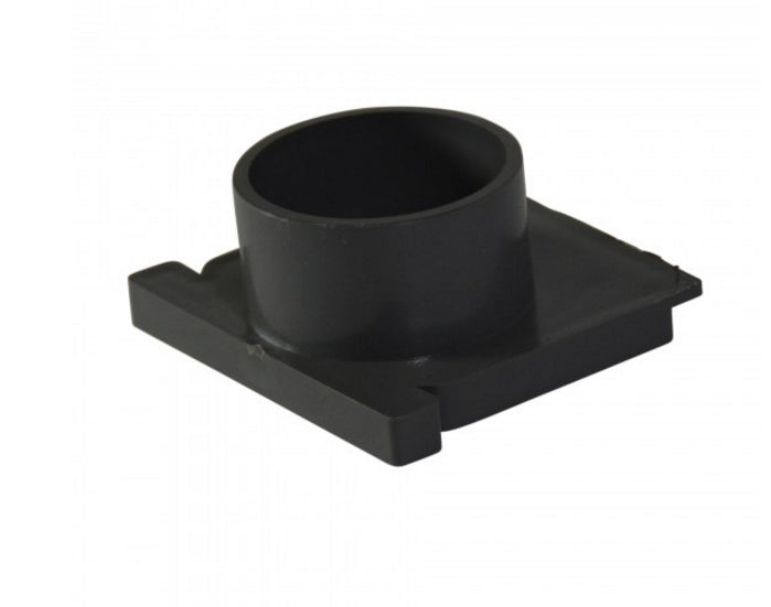 Front view of NDS 546 Mini Channel spigot end outlet in gray PVC showing spigot connection, mounting flange, and locking detail, suitable for 2 in pipe.