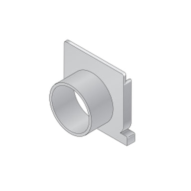 Angled close-up of NDS 546 Mini Channel spigot end outlet in gray, highlighting the spigot interface and compact low-profile design for Mini Channel drains.