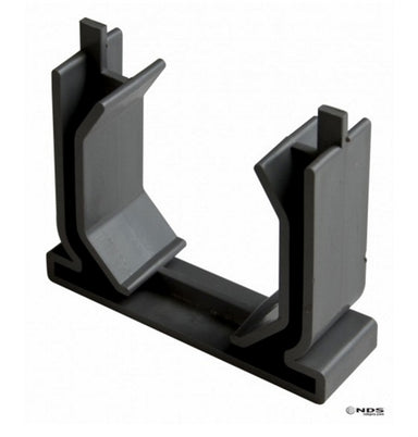 Front view of NDS 548 Mini Channel Coupling, 3-inch PVC gray connector showing coupling profile and connection ends, UV-stabilized finish.