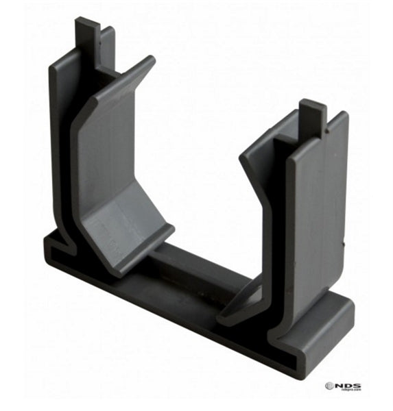 Front view of NDS 548 Mini Channel Coupling, 3-inch PVC gray connector showing coupling profile and connection ends, UV-stabilized finish.