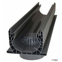 NDS 550 3 ft Mini Channel Drain in gray PVC showing integrated 2-inch bottom spigot and atrium strainer, side profile view.