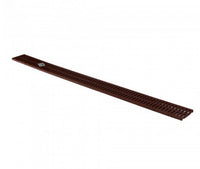 Angled view of NDS 551 three-foot brick-red mini channel grate showing slotted surface and mounting locations for four screws, on white background