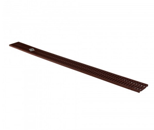 Angled view of NDS 551 three-foot brick-red mini channel grate showing slotted surface and mounting locations for four screws, on white background
