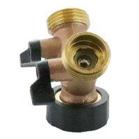 Top and side view of Orbit 58248N brass Y connector highlighting comfort-grip swivel, dual valve controls and threaded 3/4-inch inlet.