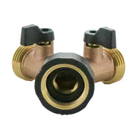 Close-up of Orbit 58248N leak-free ball valve and adjustable flow control on each outlet of the brass Y adapter, clear valve handles visible.