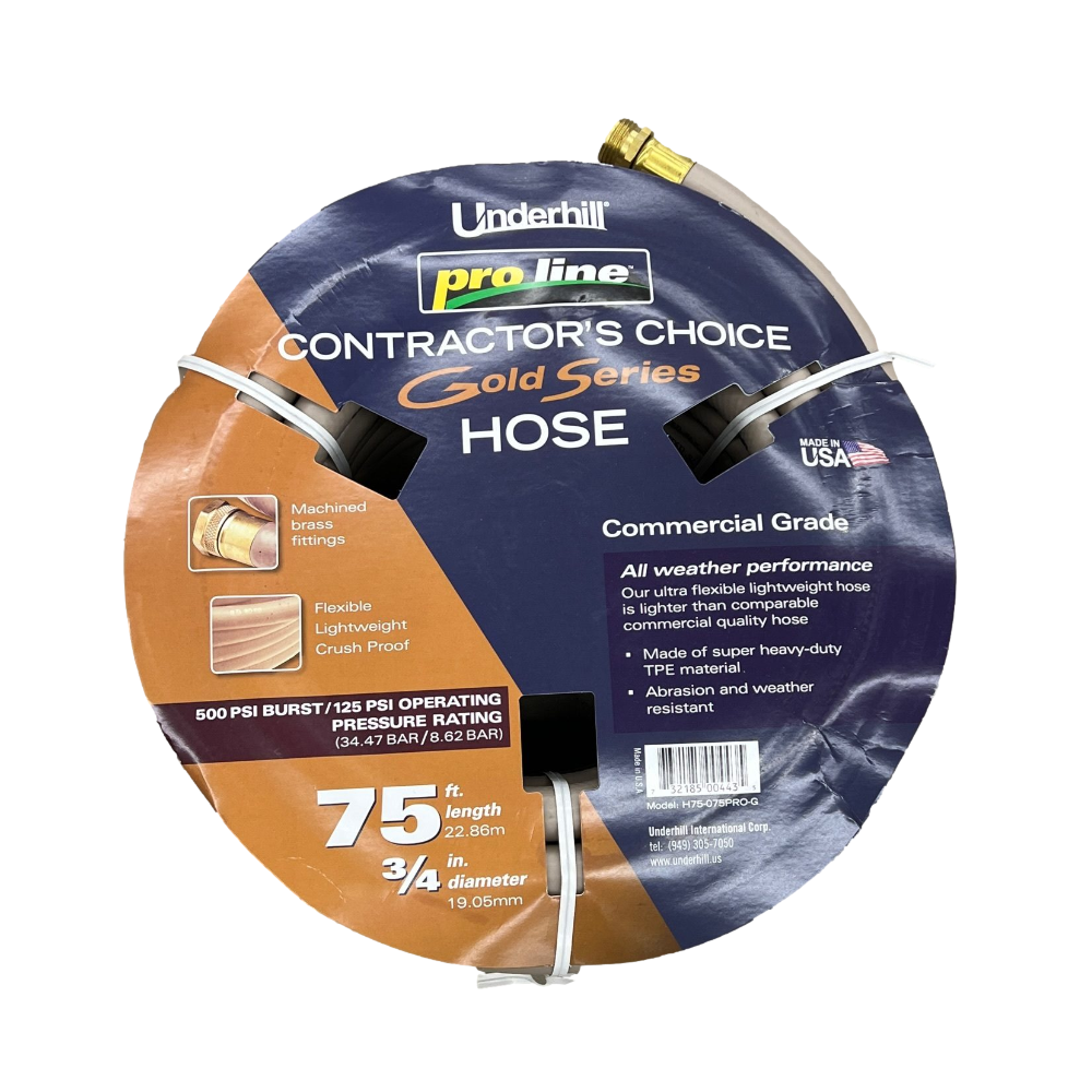 Close-up of Underhill ProLine gold hose showing reinforced spiral core profile, machined brass end, and textured TPE jacket.