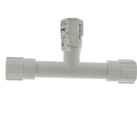 Angled product shot of Dawn KwikRepair PVC Repair Tee KRT401-012 showing main sleeve and branch outlet on white background, full view.