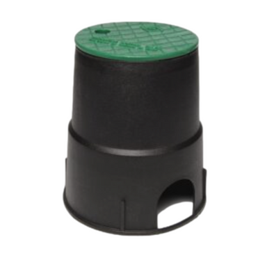 Top view of DURA 6 in round valve box with overlapping black ICV lid, showing lid engraving, snap-fit rim, and rounded body profile for installation.